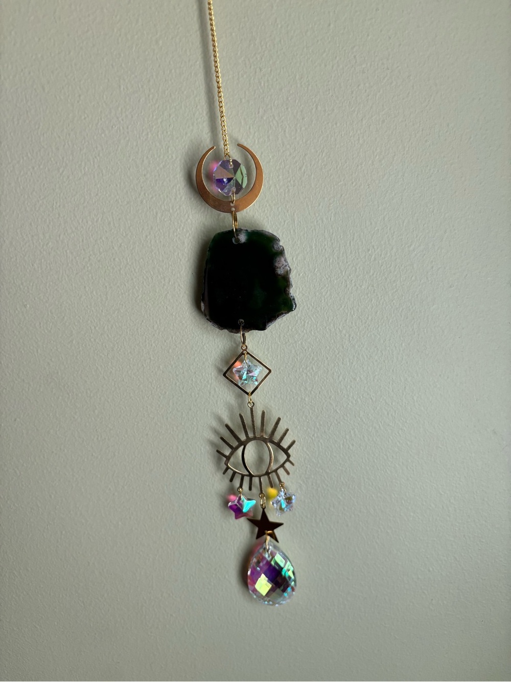 Eye & Moon Hanging Charm with Dark Green Agate Slice and White Faux Crystals